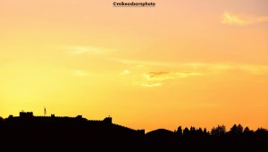 Silhouette of the ramparts of Ohrid castle, North Macedonia, at sunset