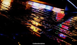 Reflection of Christmas lights at Piccadilly Gardens, Manchester