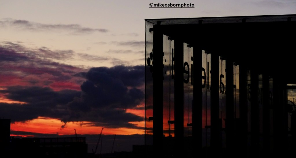 Sunset at Deansgate-Castlefield tram stop in Manchester