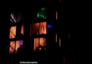 Christmas decorations in Deansgate Square windows, Manchester