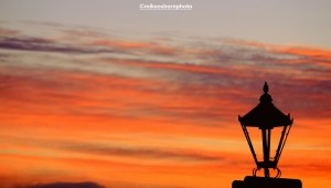 An old-fashioned street lamp at sunset in Manchester