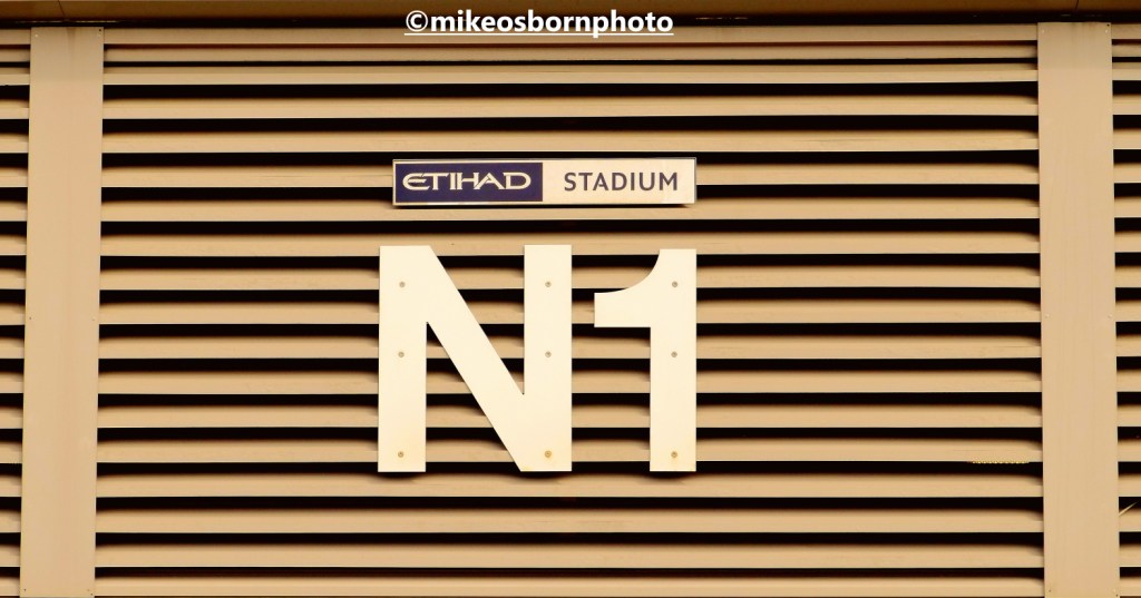 Entrance sign to stand at Etihad Stadium, Manchester