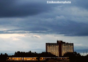 West Tower, Manchester and a passing Metrolink tram