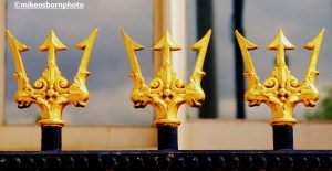Golden trident railings in the old civic centre of Hull