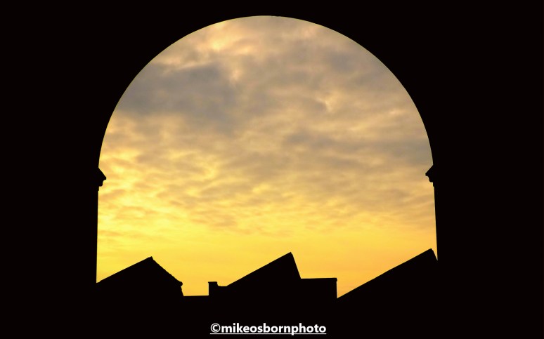 Sunset silhoutte of Stockport's Victorian railway viaduct