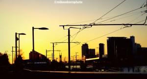 Tram lines by the Manchester Ship Canal looking towards Salford