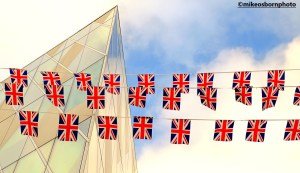 Union Jacks at Spinningfields, Manchester to celebrate the Platinum Jubilee