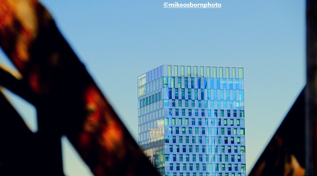 Manchester's modern 20 Stories building seen from the Castelfield Viaduct