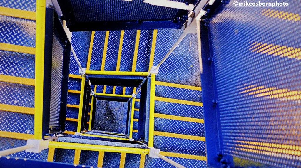The metal stairway which leads up to Castlefield Viaduct