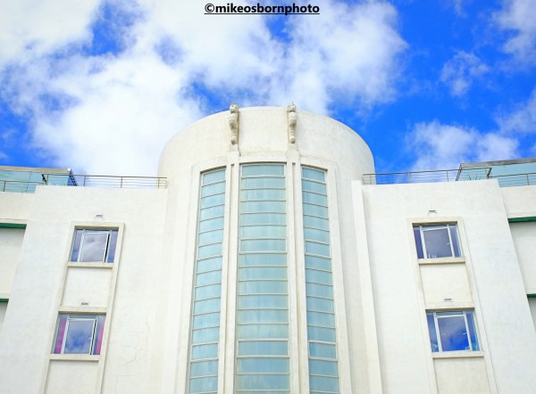 The gleaming white Art Deco Midland Hotel in Morecambe against a blue sky
