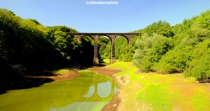 Very low summer water levels and green algae by the Entwistle viaduct in Lancashire