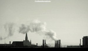 Plumes of steam hang over Manchester on a very cold winter's day