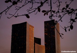 Deansgate Square in Manchester in a lilac-tinged winter dusk