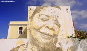 A portrait of Cape Verde singer Cesaria Evora in the centre of Mindelo city