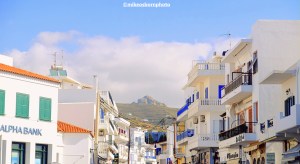 A view of a main street in Tinos town in the Greek islands