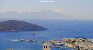A view of Serifos island's port and to the neighbouring isle of Sifnos in Greece