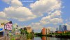 A view of new buildings along the Manchester Ship Canal on a sunny day