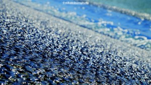 A blue water feature cascades in Azerbaijan's capital Baku.