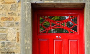 A bright red front door in the Castle Hill area of Lancaster, UK.