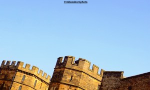 Crenellations on the castle of historic Lancaster in northern England.