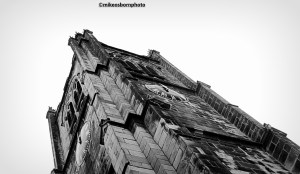 The imposing tower of St Mary's Priory Church in the old English city of Lancaster.