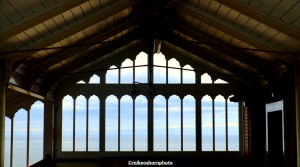 A view of the seaside from inside Colwyn Bay railway station.