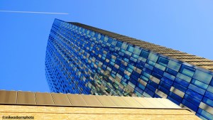 An upward view of The Blade, a skyscraper in the New Jackson neighbourhood of Manchester.