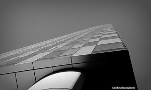 A corner vantage point of The Blade skyscraper in Manchester.