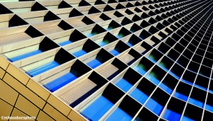 A view of the hive-like windows of The Blade skyscraper in Manchester.