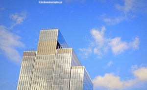 A shimmering, silvery building set against blue skies in Birmingham city centre.