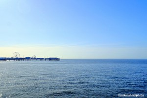 A view of the sea and pier from Blackpool's North Pier.