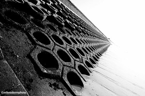 The perforated concrete coastal defences at Blackpool south beach.