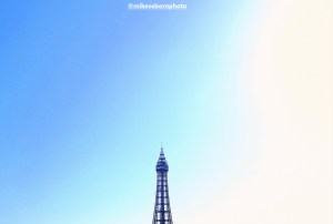 Blackpool Tower dwarfed by a perfectly blue autumn sky.