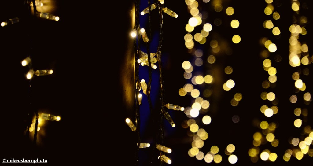 Golden Christmas fairy lights at MediaCityUK in Salford.