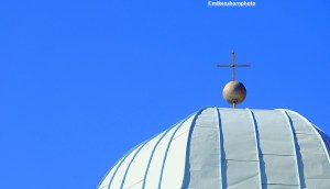 The blue church dome on the islet of Our Lady of the Rocks in Montenegro.