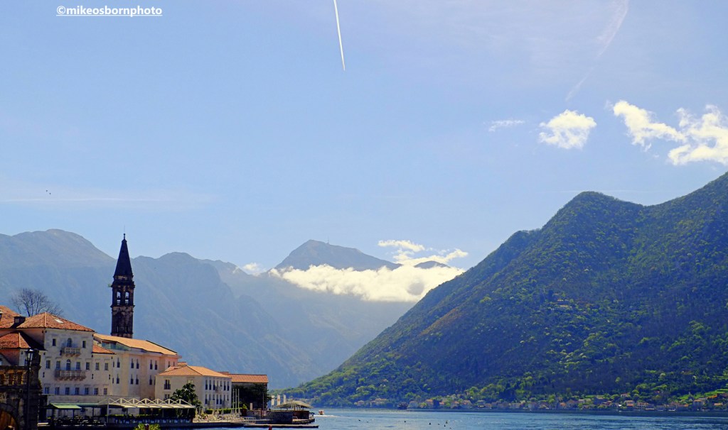 A view of Perast and the mountains surrounding the Bay of Kotor, Montenegro.