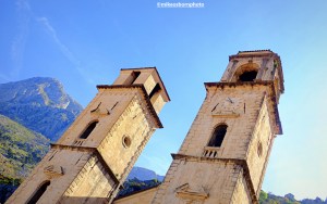 Bell towers in a square of the historical city of Kotor in Montenegro.