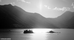 Holy islands in the Bay of Kotor seen from the town of Perast, Montenegro.