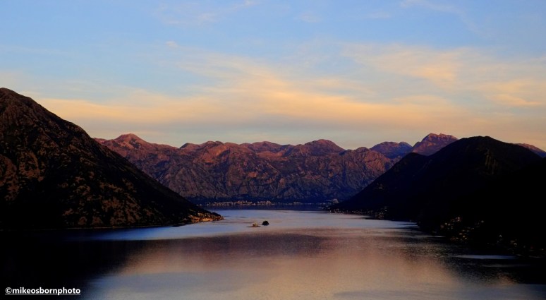 A view over Kotor Bay in Montenegro as dusk settles.