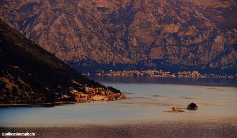A scenic view of Perast and beyond on the Bay of Kotor in Montenegro.