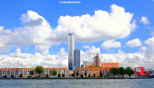 A view of the south bank of the Nieuwe Maas river in Rotterdam, including the Deloitte skyscraper.
