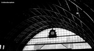 The clock and curved roof of Manchester Central, the UK city's former railway station.
