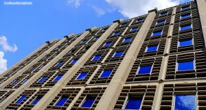 The concrete facade of a building close to Centraalstation im Rotterdam, Netherlands.