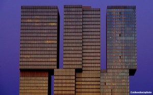 The De Rotterdam tower blocks captured as dusk falls over the Dutch city.