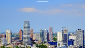 A view of modern tower blocks in Rotterdam, seen from the city's Euromast viewpoint.