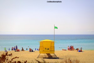 A yellow lifeguard station on the beach at Costa Calma in Fuerteventura.