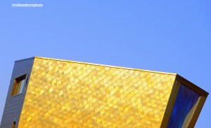A gold building shimmering in the sunshine on Blackpool's promenade.