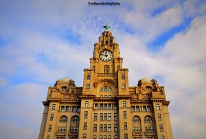 The iconic Liver Building close to the Mersey waterfront.