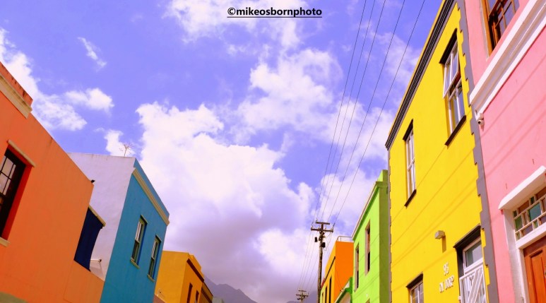 A street of multi-coloured houses in the Cape Town district of Bo-Kaap.