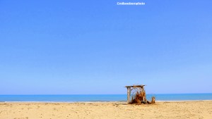 An empty makeshift shelter on a deserted beach in Djerba, Tunisia.